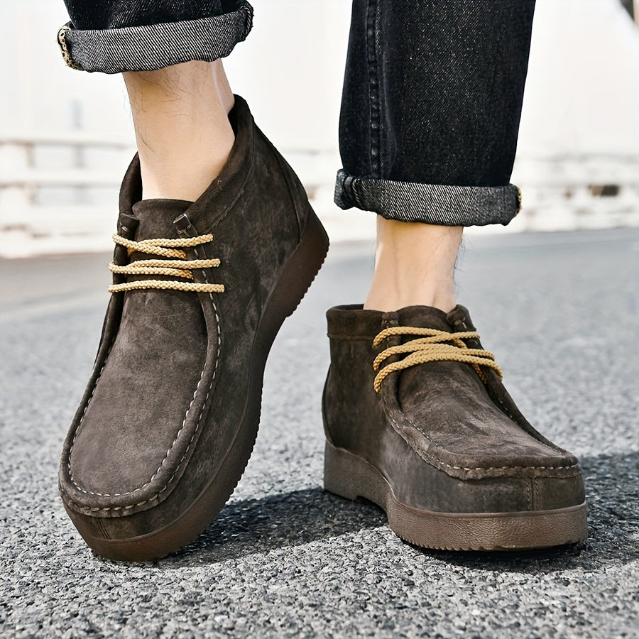 Men’s moccasin ankle boots with laces and a treaded sole in a suede look