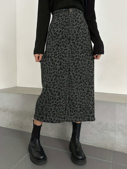 Damen Maxi Rock Leopard Print Rippstrick Schlitz