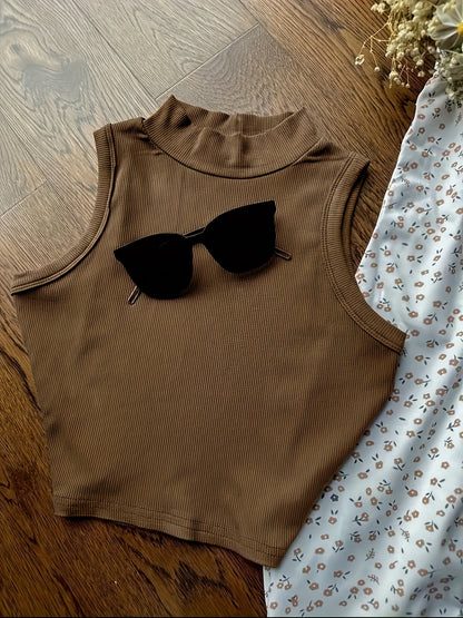 Damen Zweiteiliges Set – Ärmelloses Oberteil mit Stehkragen und Blumenrock – Modischer Freizeit-Look