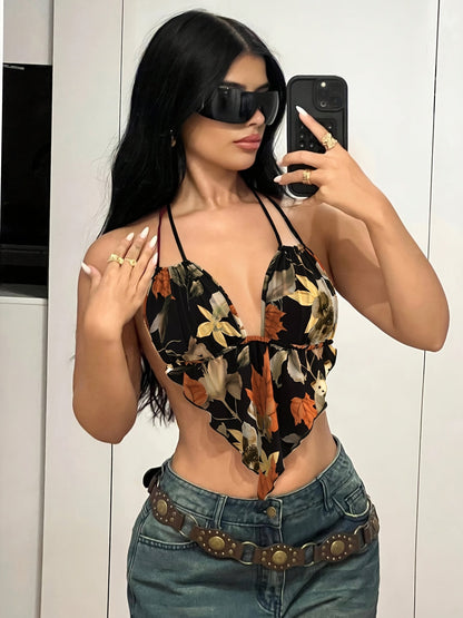 Women's bodysuit with retro print and deep neckline – Elegant one-piece for festival & leisure