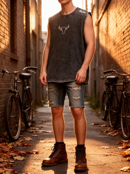 Men's Vintage Street Style Sleeveless Shirt and Ripped Denim Shorts for Casual and Summer Wear