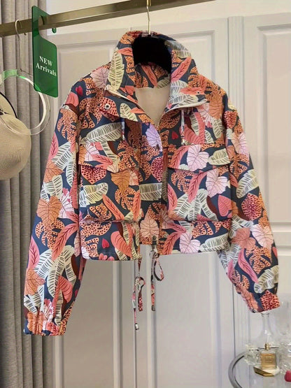 Women’s short jacket with stand-up collar and patterned print