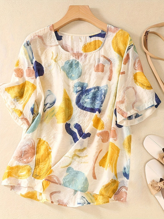 Women's blouse with abstract pattern and loose fit – Fashionable short-sleeve blouse for everyday and leisure wear