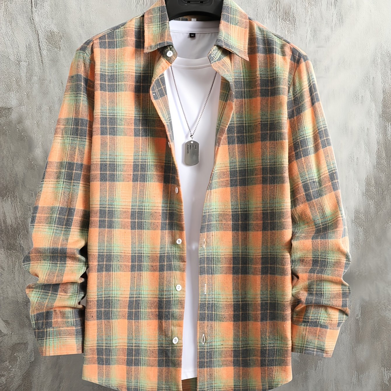 Men's orange and green plaid long-sleeve casual shirt with button placket