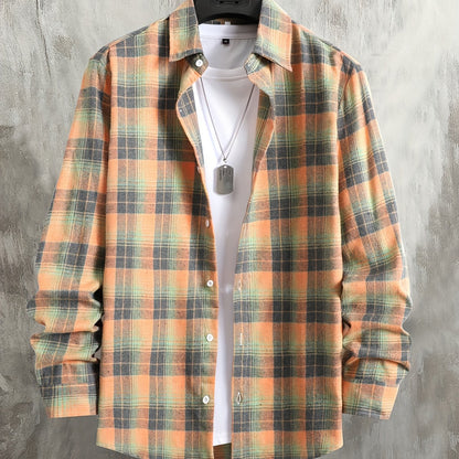 Men's orange and green plaid long-sleeve casual shirt with button placket