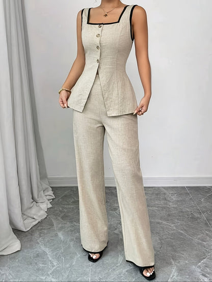 Women's Elegant Two-Piece Suit with Button Placket – Business & Casual Set