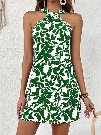 Women's Summer Mini Dress with Halter Neck and Leaf Pattern – Elegant Casual Dress for Everyday and Vacation