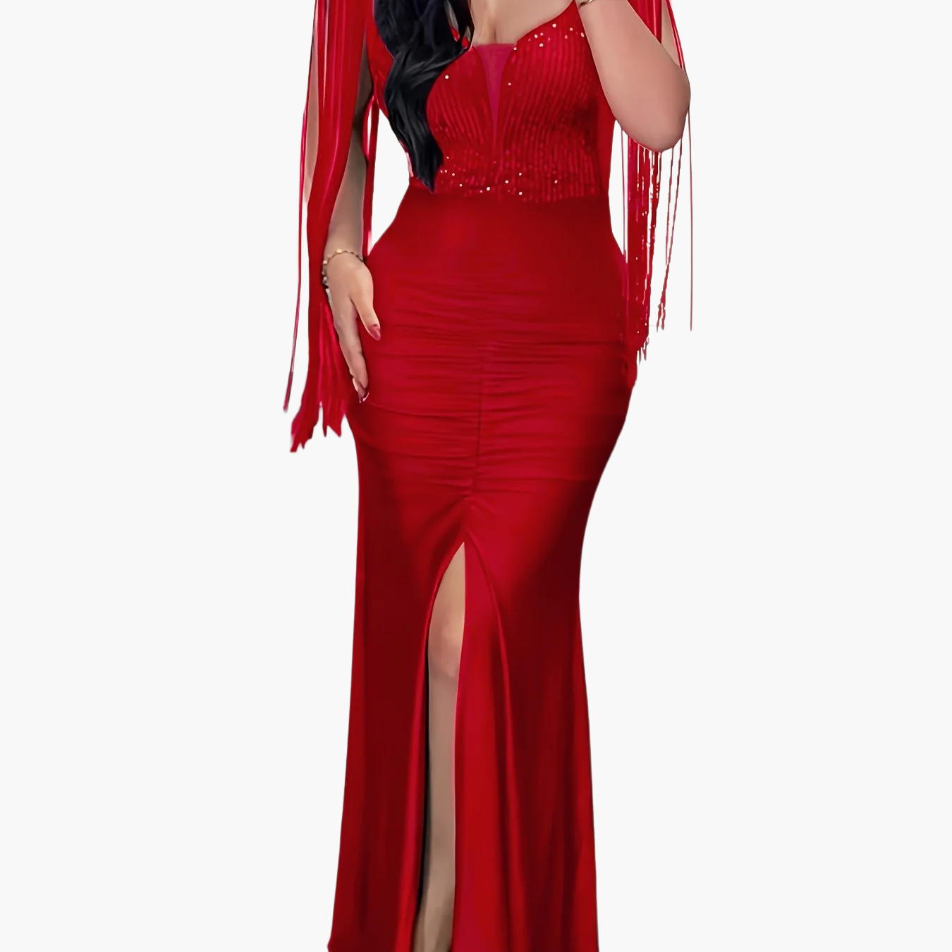 Women's Elegant Evening Dress with Fringe and Slit – Bodycon Maxi Dress for Formal Occasions
