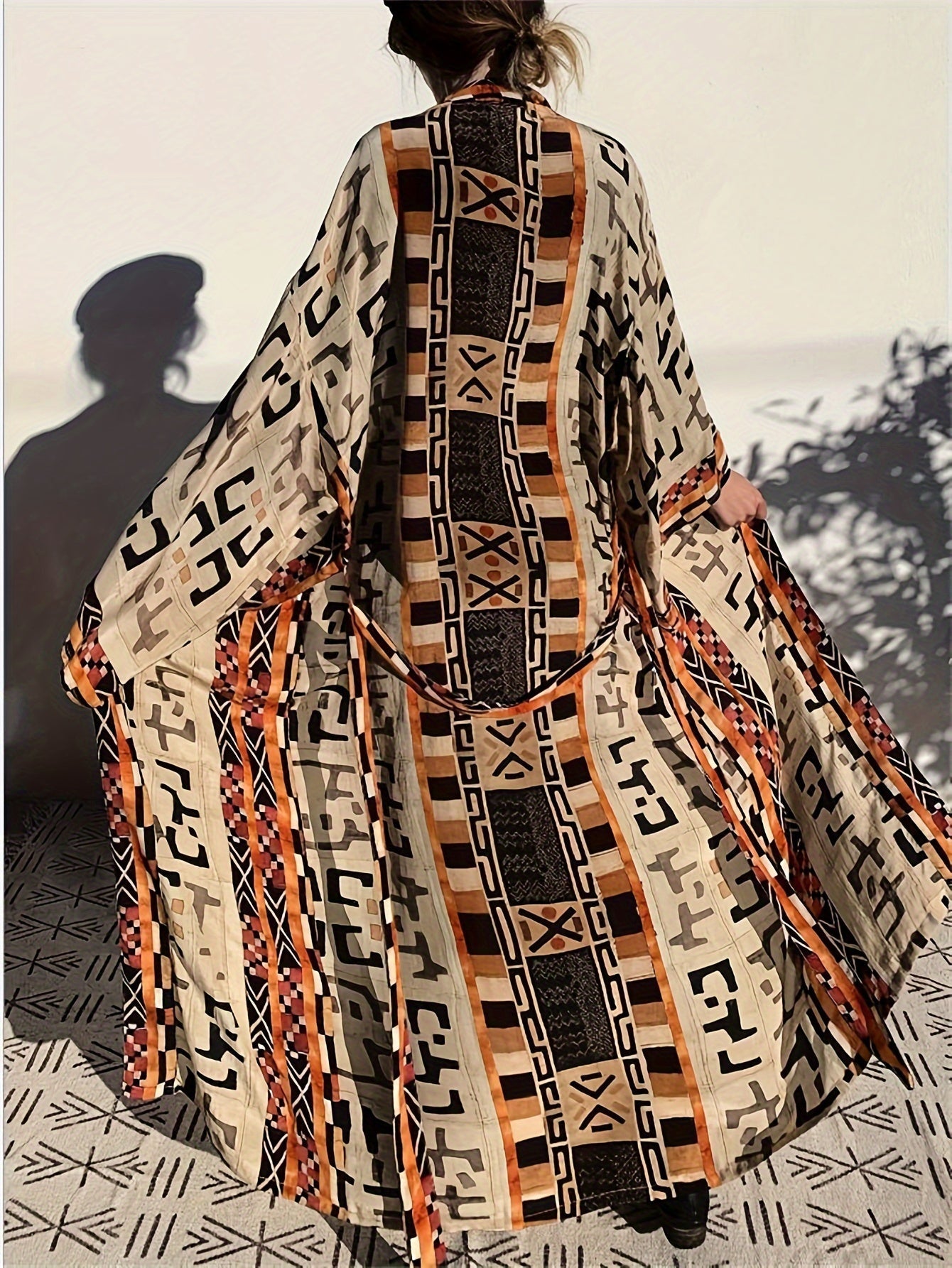 Women's Boho Long Kimono with Ikat Pattern – Elegant Beach and Summer Fashion