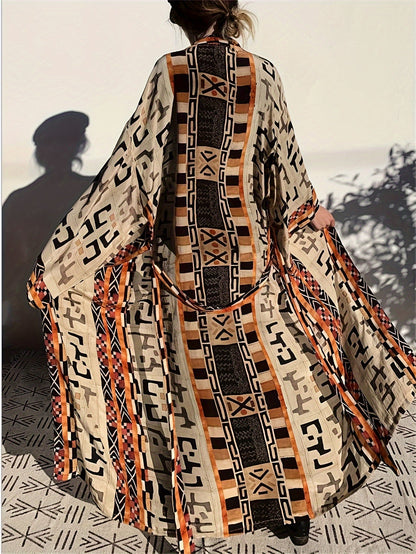 Women's Boho Long Kimono with Ikat Pattern – Elegant Beach and Summer Fashion