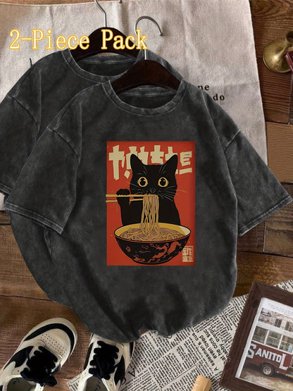 Women's Vintage T-Shirt with Cat and Ramen Print – Funny Graphic Shirt for Casual and Streetwear