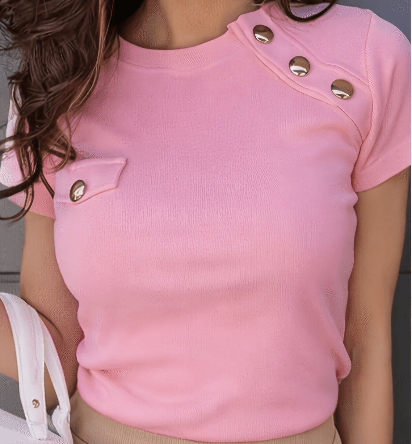Women's short-sleeve shirt with decorative buttons and modern cut – Elegant casual and office top