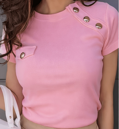 Women's short-sleeve shirt with decorative buttons and modern cut – Elegant casual and office top