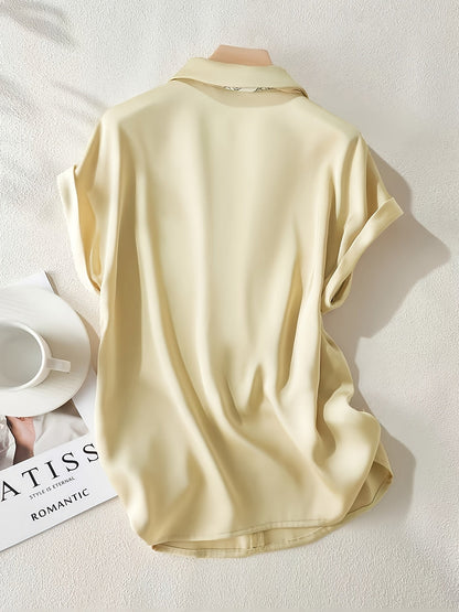 Women's blouse with short sleeves and decorative neck scarf – Elegant business and casual style