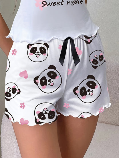 Women's pajama shorts with panda print and bow – cute sleepwear for spring & summer, casual style