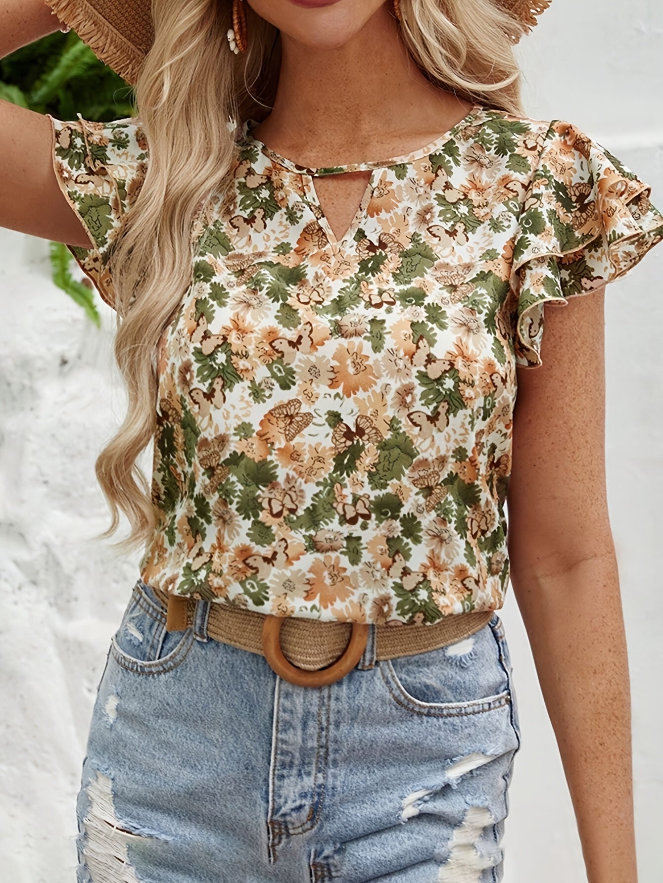 Women's Elegant Blouse with Floral Pattern and Ruffled Sleeves – Summer Casual Top