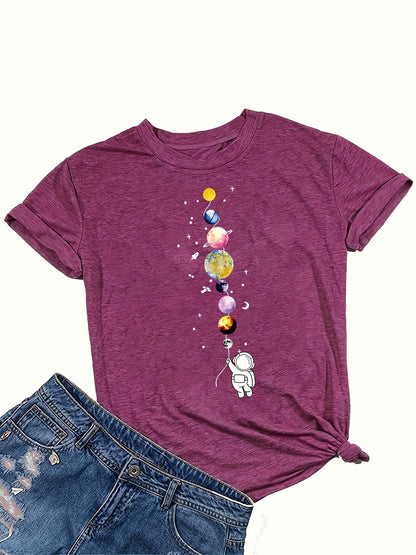 Women's T-Shirt with Astronaut and Planets – Casual Style for Everyday and Leisure – Galaxy & Space Design