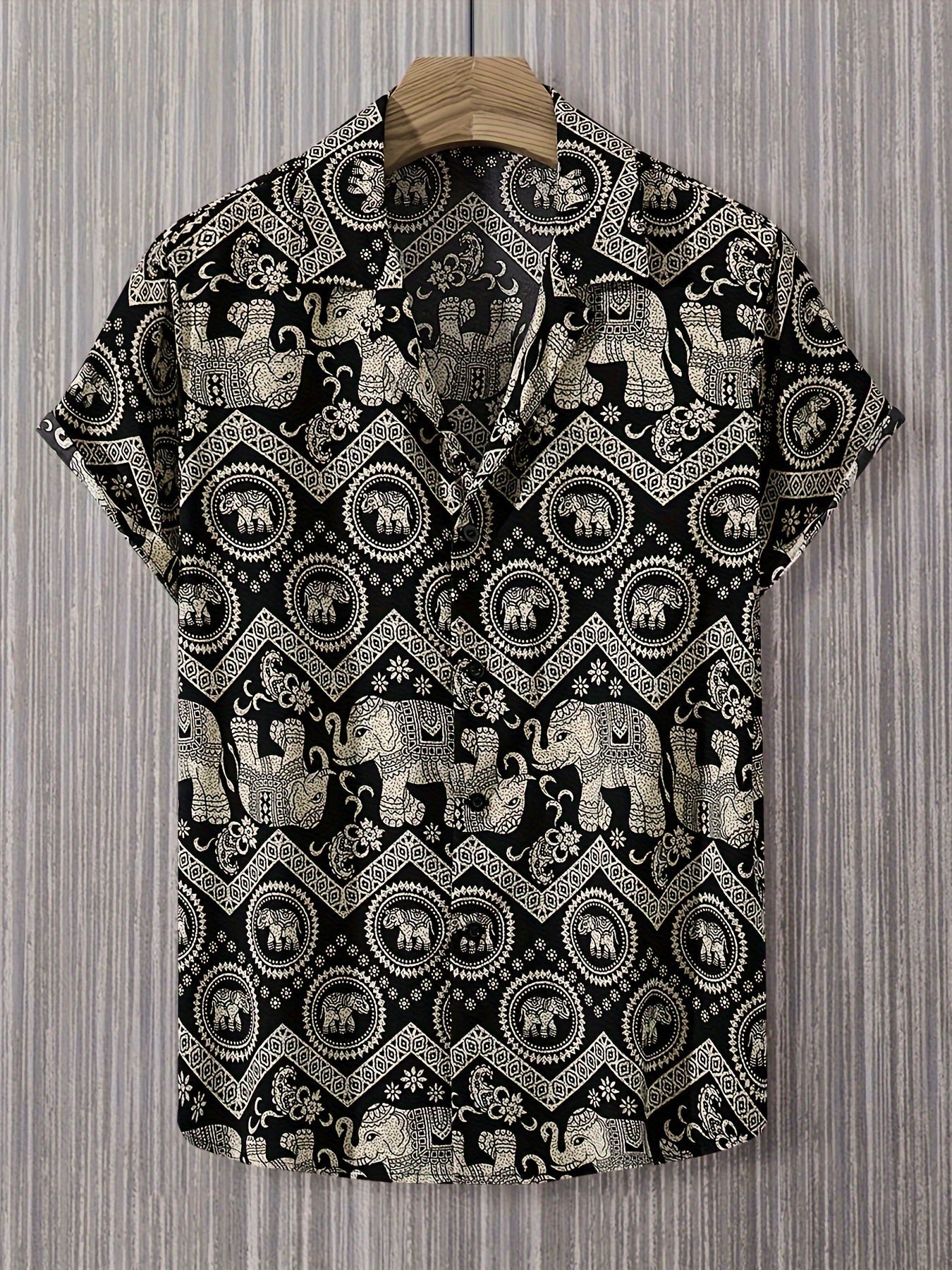 Men's Resort Shirt with Elephant and Mandala Print, Short Sleeve, Casual and Summer Style