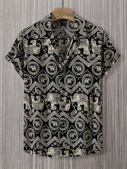 Men's Resort Shirt with Elephant and Mandala Print, Short Sleeve, Casual and Summer Style