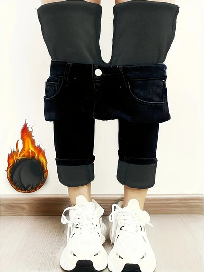 Black fleece-lined thermal jeans leggings with stretch for women