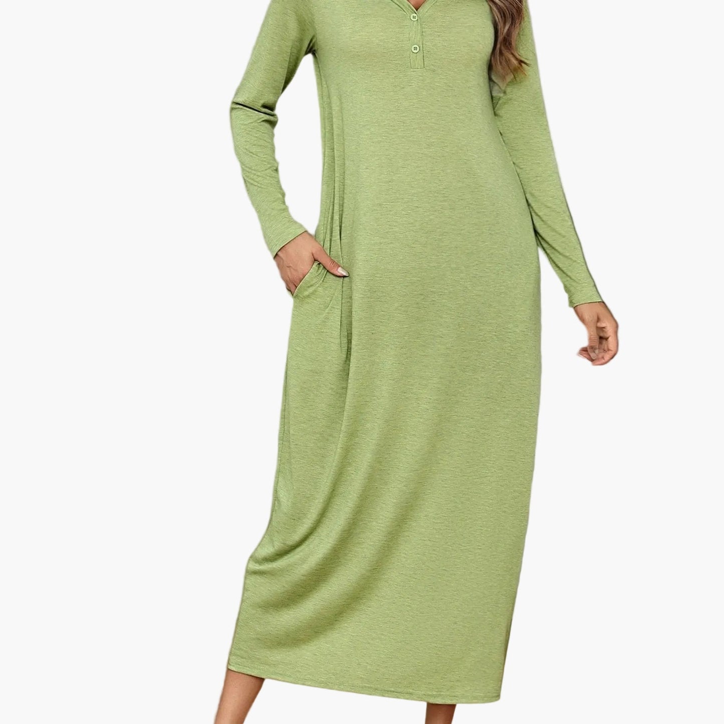 Women's Casual Long-Sleeve House Dress with V-Neck and Button Placket – Comfortable Relaxation and Loungewear Dress