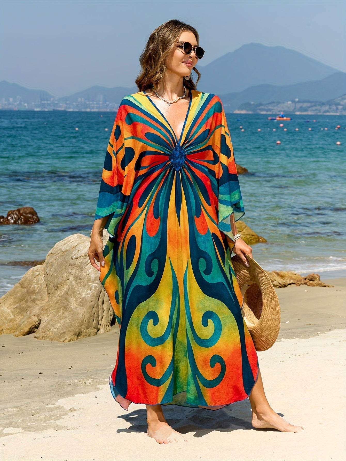 Women's Kaftan Maxi Dress – Boho Beach Tunic with Tie-Dye Pattern, Ideal as Summer Cover-Up