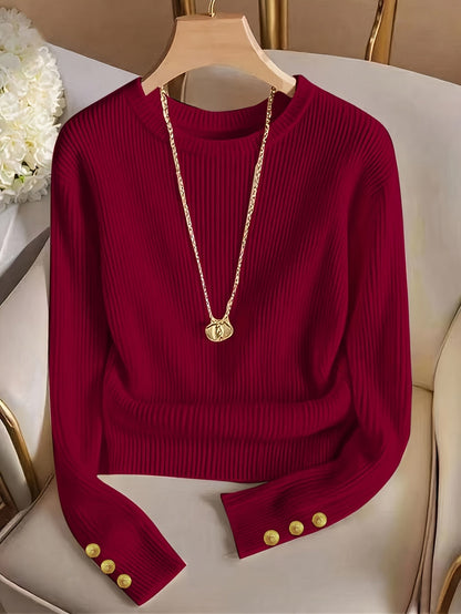 Women's rib-knit long-sleeve crew-neck sweater with buttons