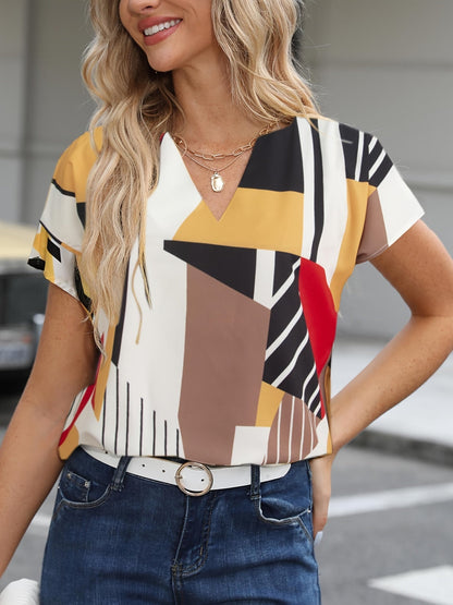 Damen Vintage Bluse mit geometrischem Muster und V-Ausschnitt – Modische Sommerbluse für Alltag und Büro