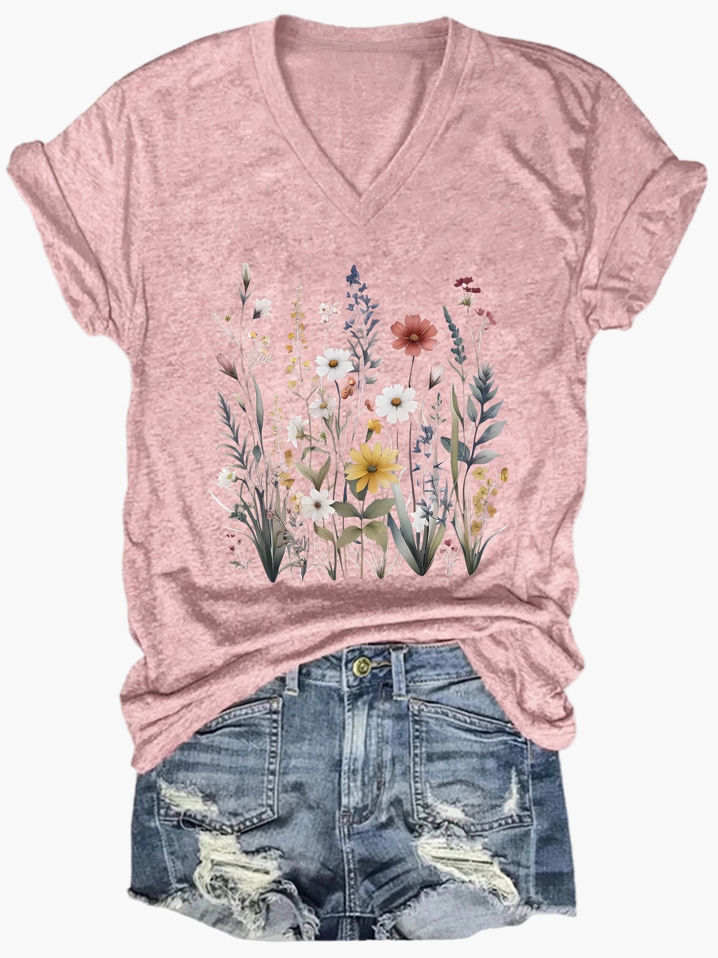 Damen V-Ausschnitt T-Shirt mit Blumenmuster – Lässiger Sommerstyle für Alltag & Freizeit