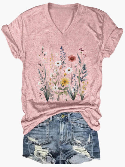 Damen V-Ausschnitt T-Shirt mit Blumenmuster – Lässiger Sommerstyle für Alltag & Freizeit
