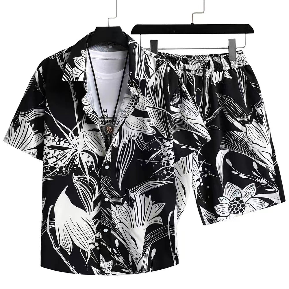 Men's Summer Casual Two-Piece with Abstract Print – Fashionable Short-Sleeve Shirt & Shorts Set for Vacation and Everyday Wear