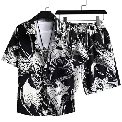 Men's Summer Casual Two-Piece with Abstract Print – Fashionable Short-Sleeve Shirt & Shorts Set for Vacation and Everyday Wear