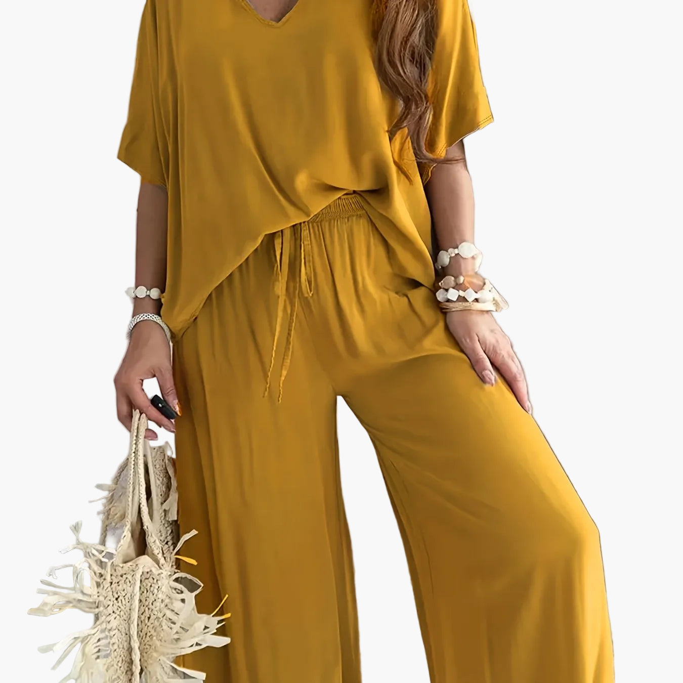 Women's Loose Lounge Pants & V-Neck Blouse Set – Elegant Casual Outfit for Everyday and Vacation