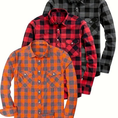 Men’s plaid long-sleeve casual shirt with chest pockets