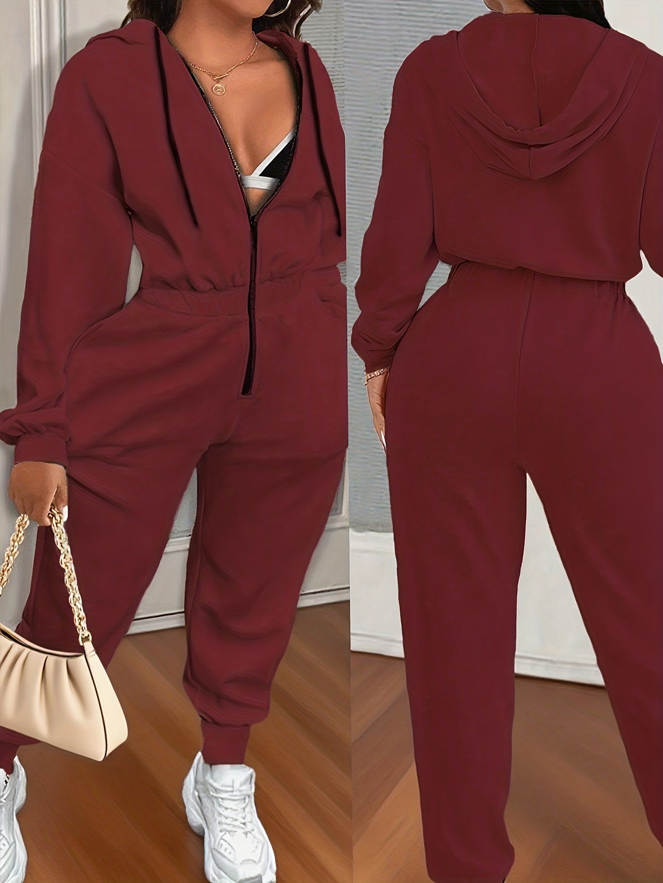 Women's jumpsuit with hood, zipper, and elastic waist