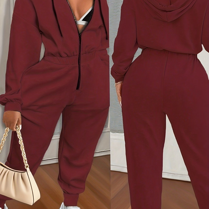 Women's jumpsuit with hood, zipper, and elastic waist