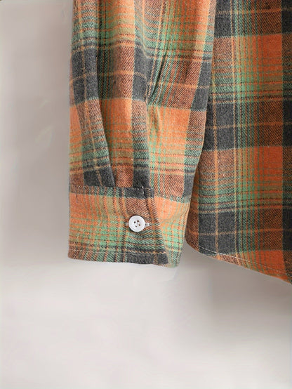 Men's orange and green plaid long-sleeve casual shirt with button placket