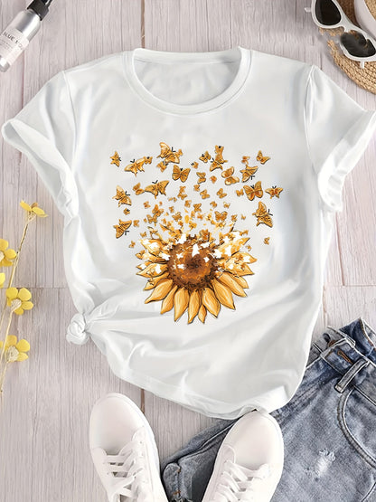 Women's T-shirt with Sunflower and Butterfly Print, Casual Style, Spring/Summer