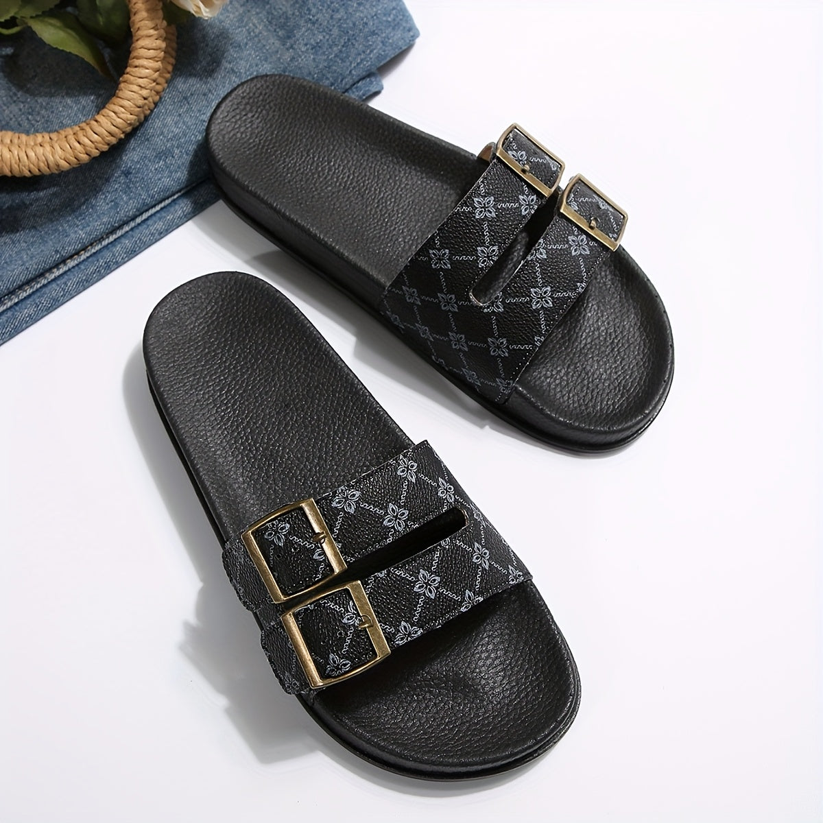 Women's Comfort Slides with Double Straps and Buckles – Fashionable Casual Sandals for Everyday and Vacation