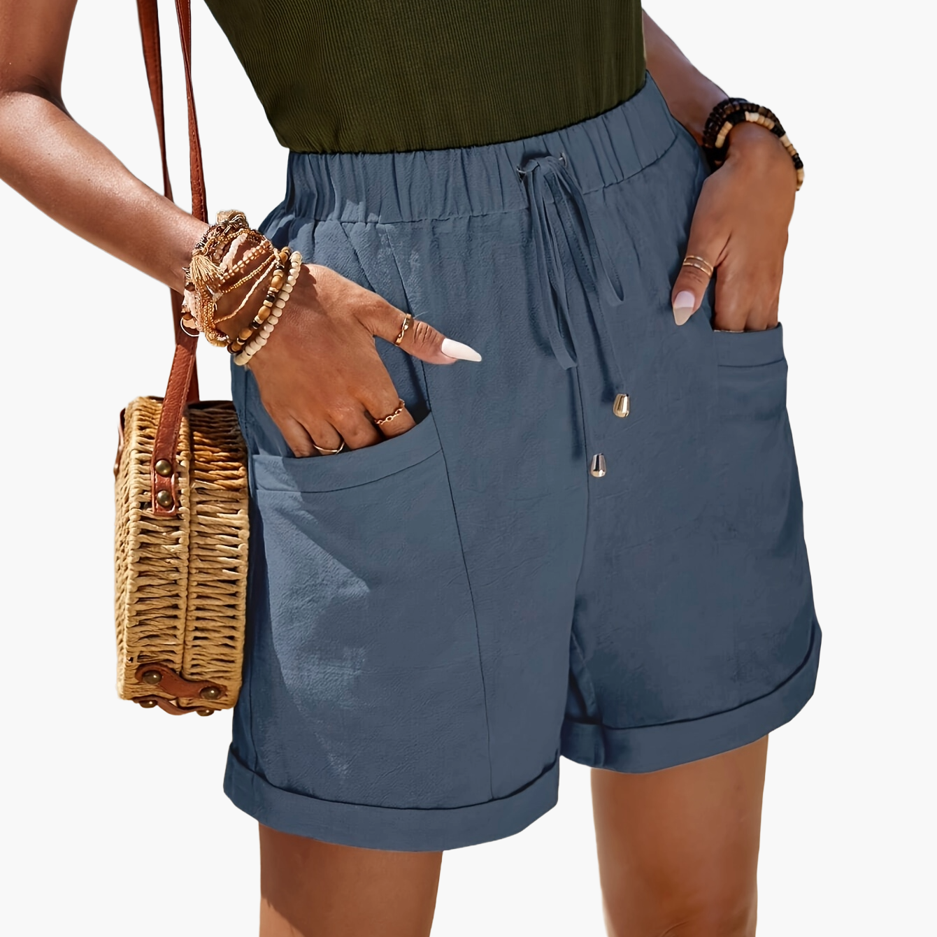 Women's Elegant Summer Shorts with Drawstring and Pockets – Ideal for Beach and Leisure