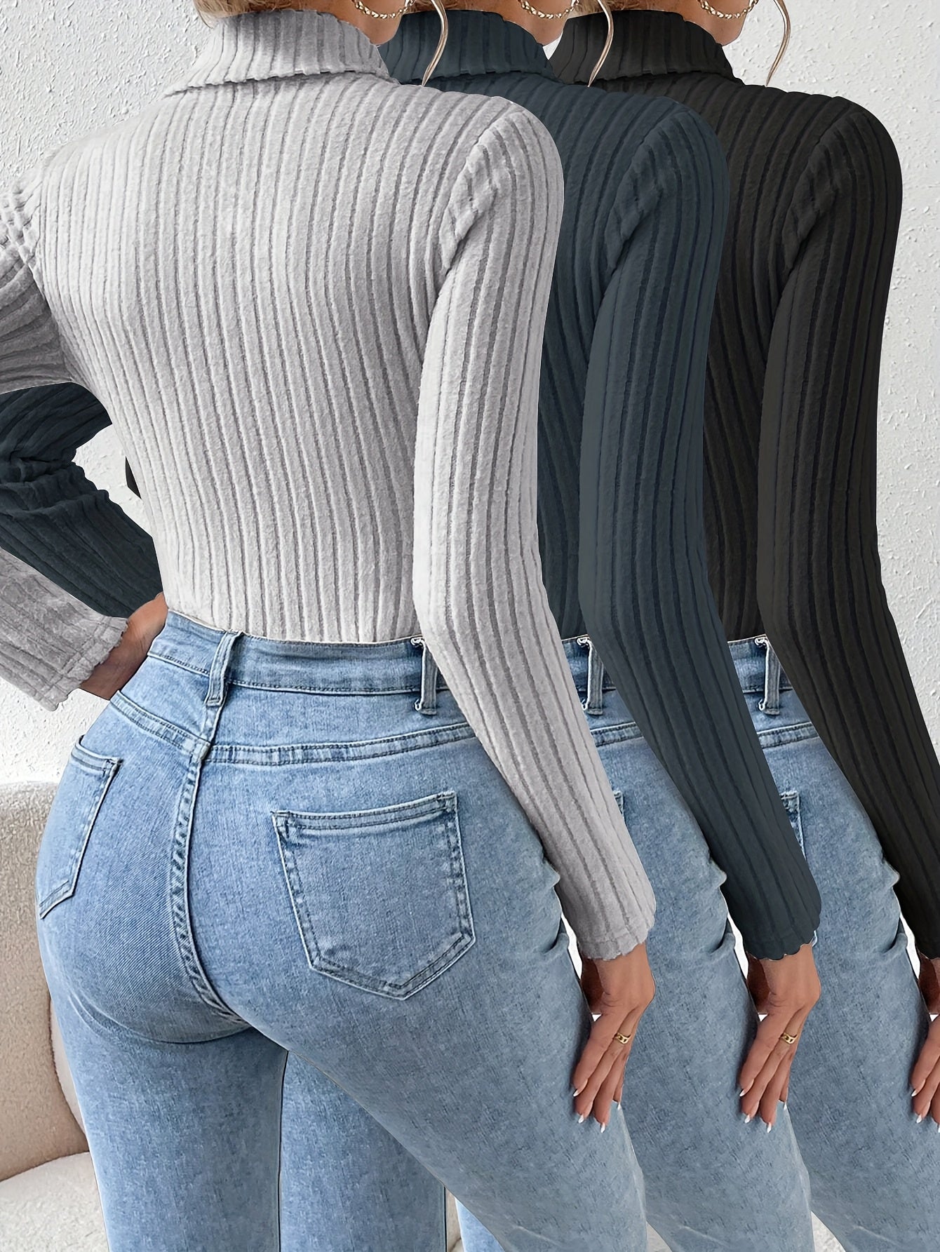 Gerippter Rollkragen Bodysuit Langarm Slim Fit