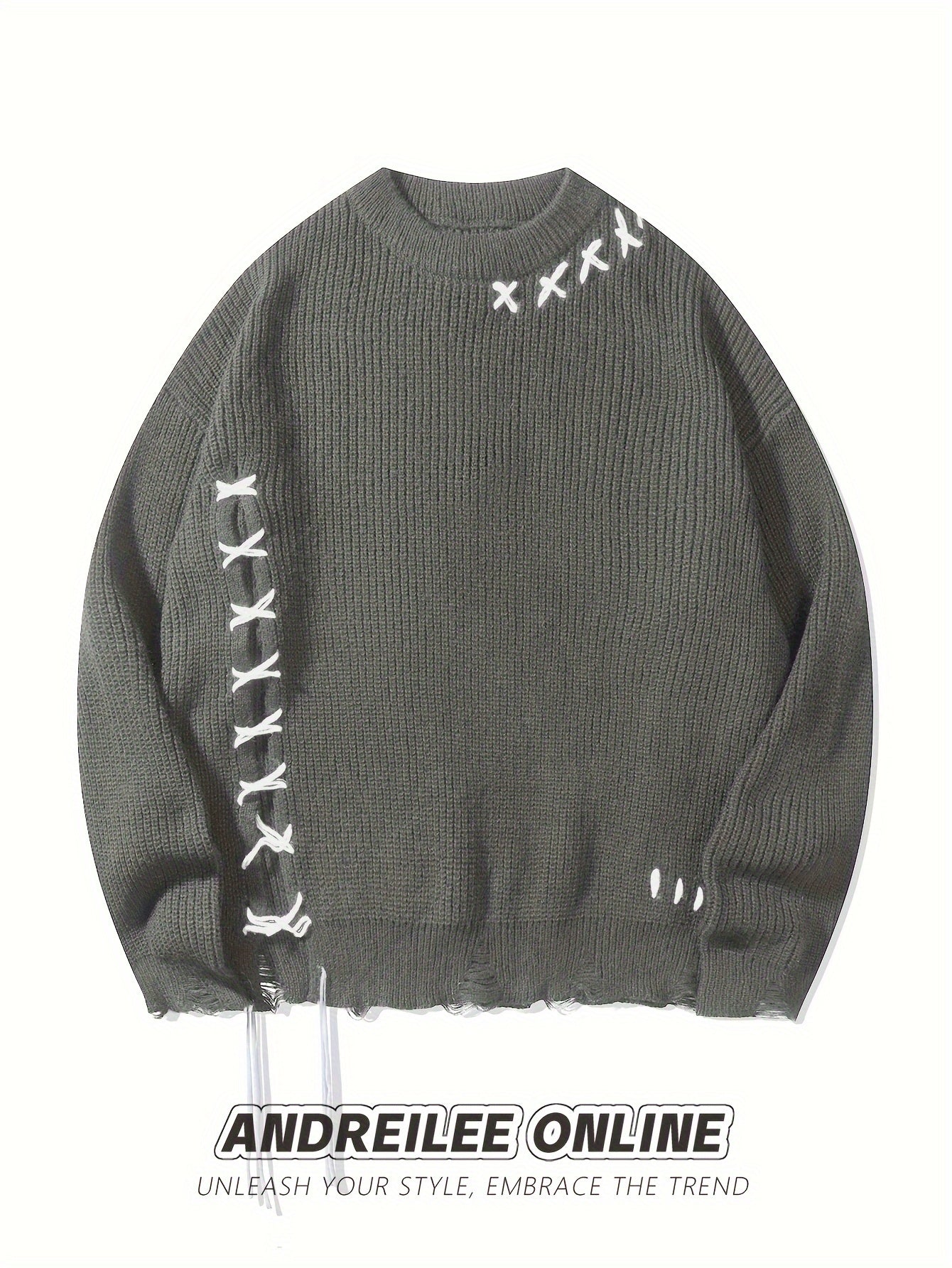 Unisex Strickpullover Schwarz mit Kreuzstich-Details und Destroyed-Effekt