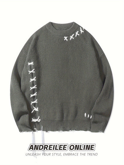 Unisex Strickpullover Schwarz mit Kreuzstich-Details und Destroyed-Effekt