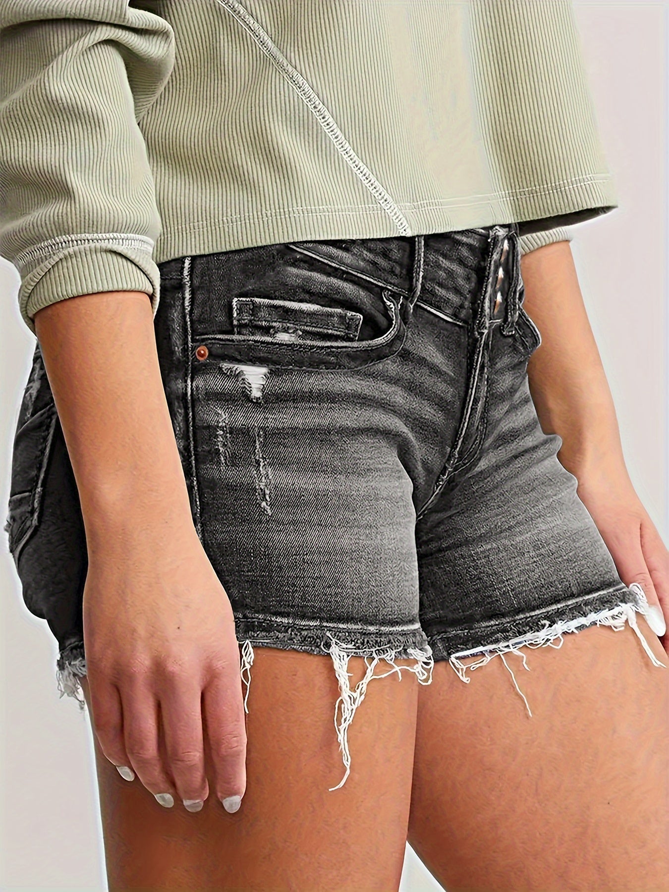 Women's denim shorts with fringes and button placket – Fashionable summer hot pants for leisure or vacation