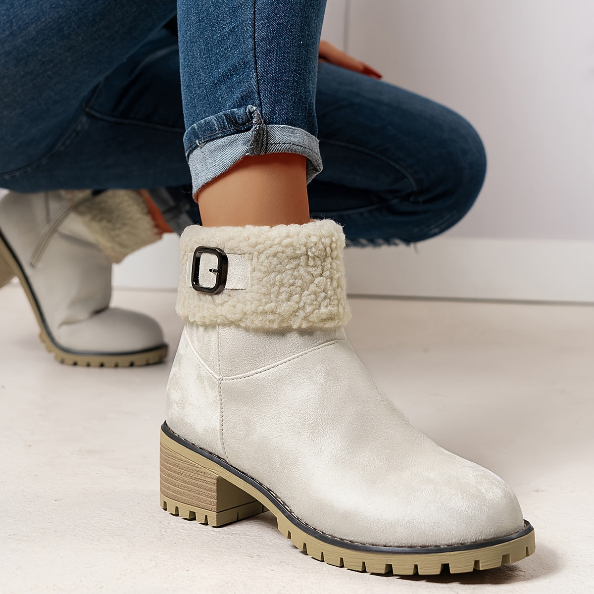 Women’s short winter boots with warm lining, buckle, and heel
