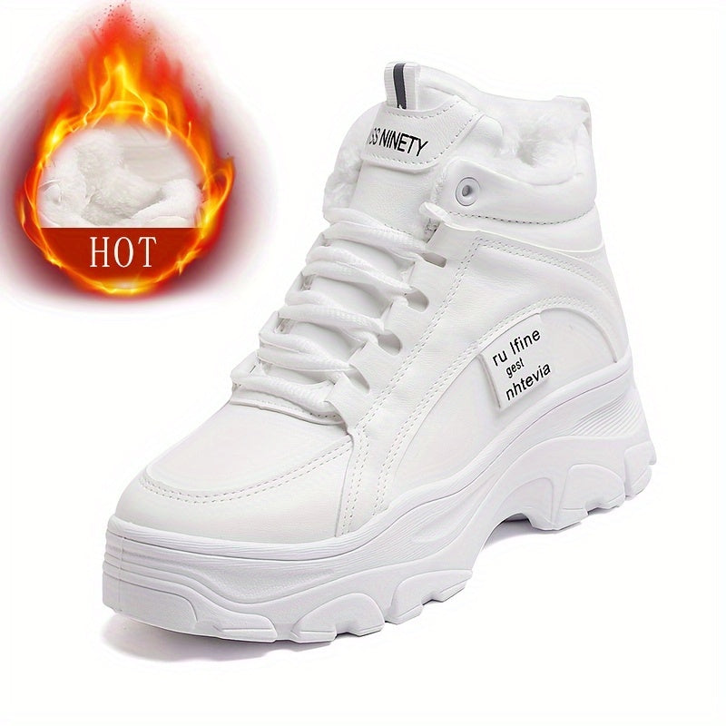 Damen Gefütterte Plateausneaker, Winter Hohe Sneaker mit dicker Sohle, Weiß