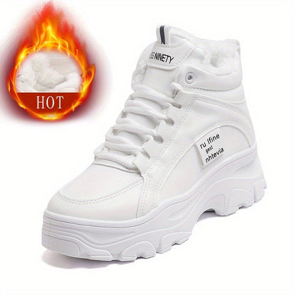 Damen Gefütterte Plateausneaker, Winter Hohe Sneaker mit dicker Sohle, Weiß