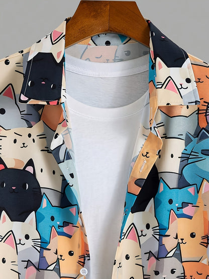 Herren Kurzarm Freizeithemd mit buntem Katzen-Comic-Muster – Verspieltes Sommerhemd für Alltag und Urlaub
