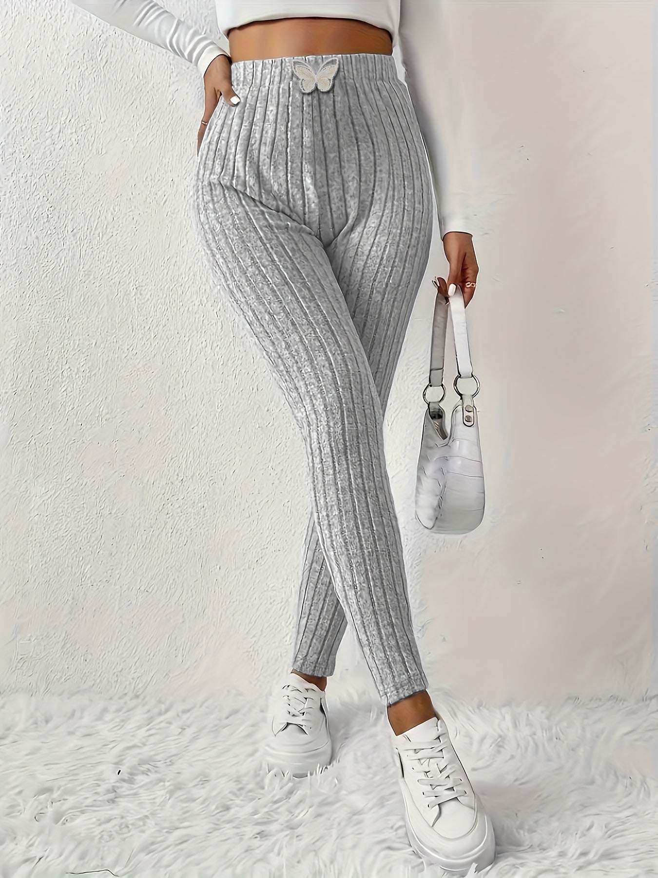 Ribbed leggings for women, high-waisted, slim fit, butterfly detail