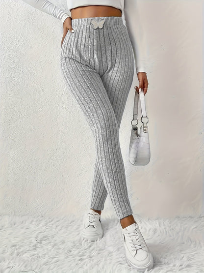 Ribbed leggings for women, high-waisted, slim fit, butterfly detail